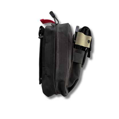 Right-side view of the LifeSaver medical emergency pouch with black tourniquet