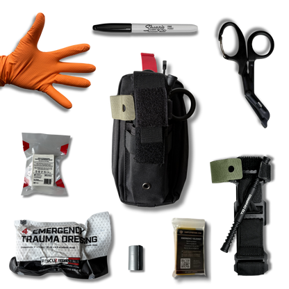 Contents of the LifeSaver kit with black TQ Dnipro Gen 2 tourniquet