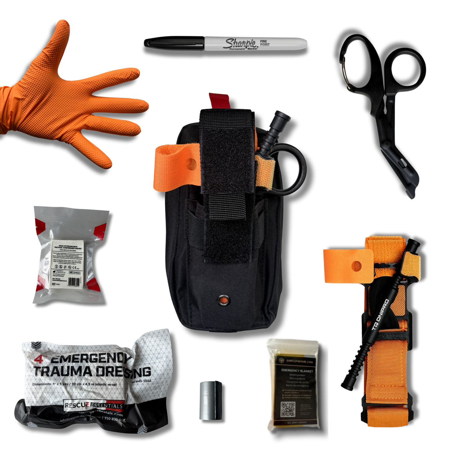 Contents of the LifeSaver kit with orange TQ Dnipro Gen 2 tourniquet